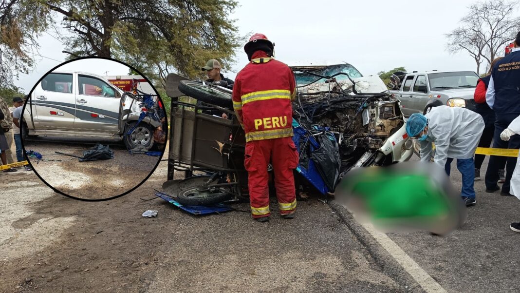 Tres obreros mueren tras choque frontal entre camioneta y mototaxi en la vía Piura- Chulucanas. Foto: Composición R365.