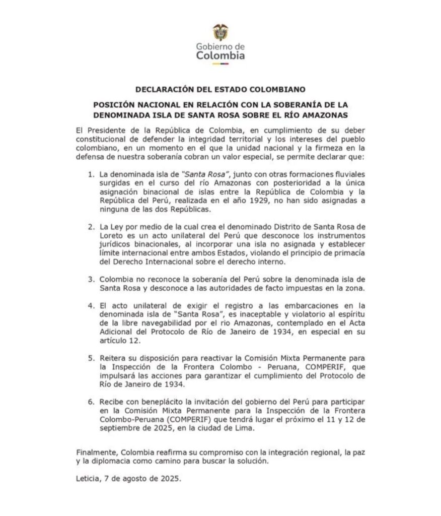 Gustavo Petro: “Colombia no reconoce la soberanía de Perú sobre la isla Santa Rosa”.
