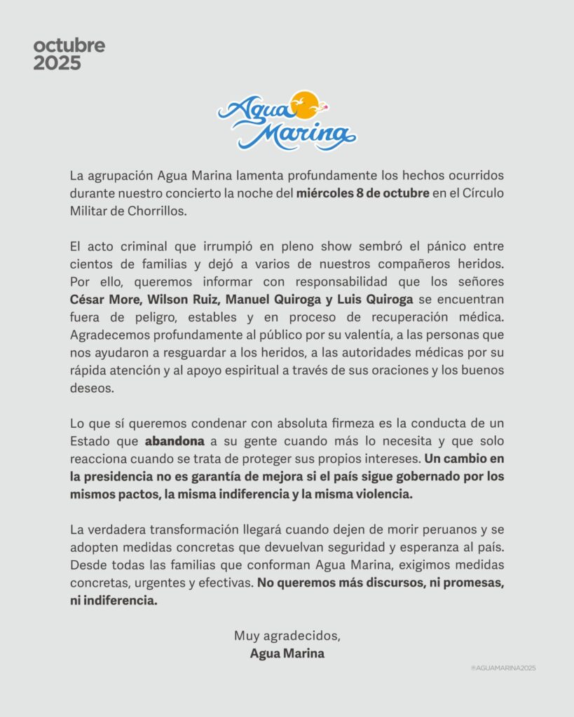 Agua Marina rompe su silencio tras atentado: “Un cambio de presidente no es garantía de mejora”. Foto: Difusión.
