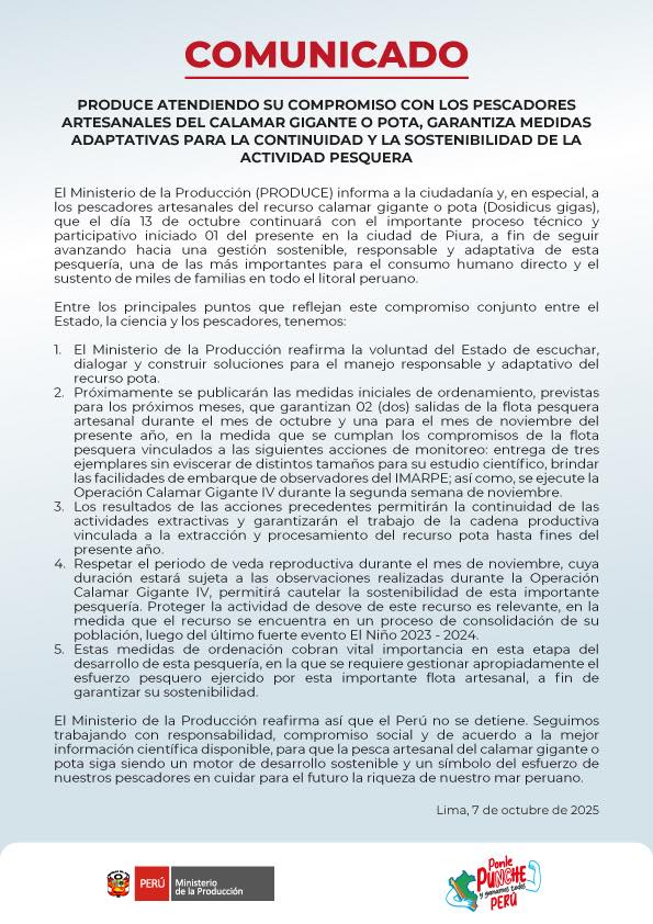 Produce garantiza la continuidad de la pesca artesanal de la pota con dos salidas en octubre y una en noviembre, bajo un estricto monitoreo científico.