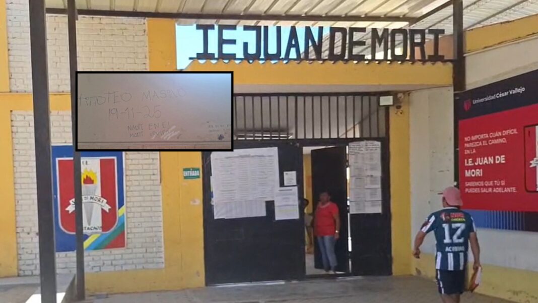 Catacaos: aparición de pintas en baño de colegio Juan de Mori genera alarma entre padres y moviliza a la Policía. Foto: Composición.