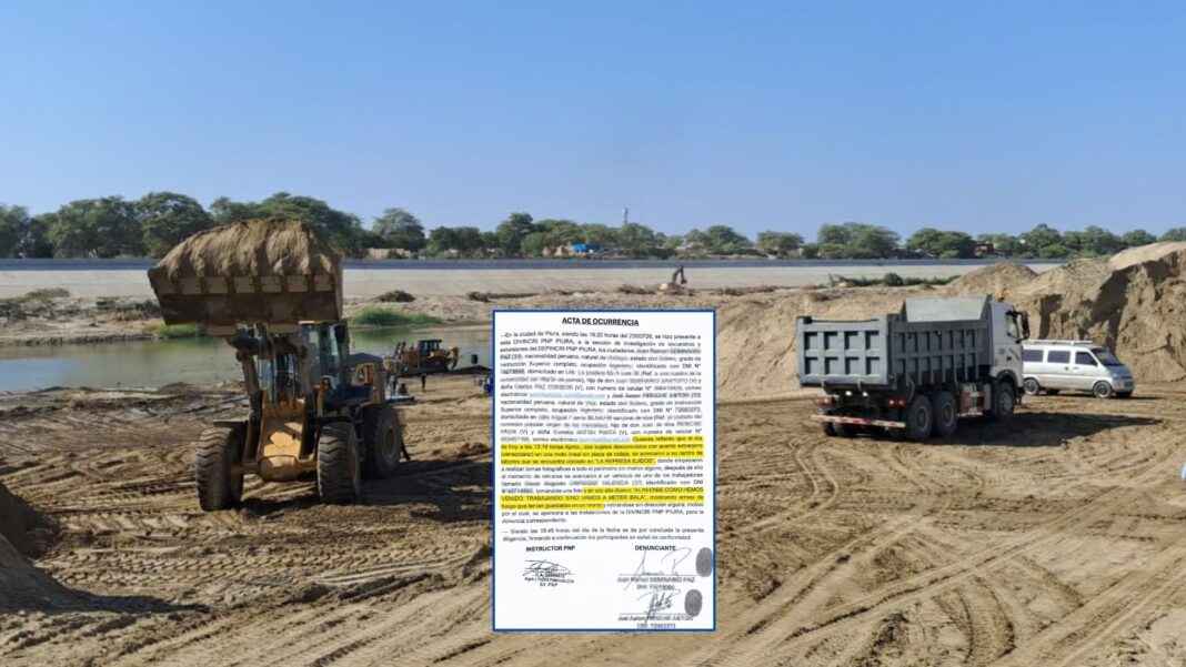 Sujetos armados amenazan a trabajadores que descolmatan el río Piura en Los Ejidos. Foto: Composición R365.